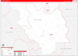 Red RiverParish (County), LA Wall Map Zip Code Red Line Style 2024